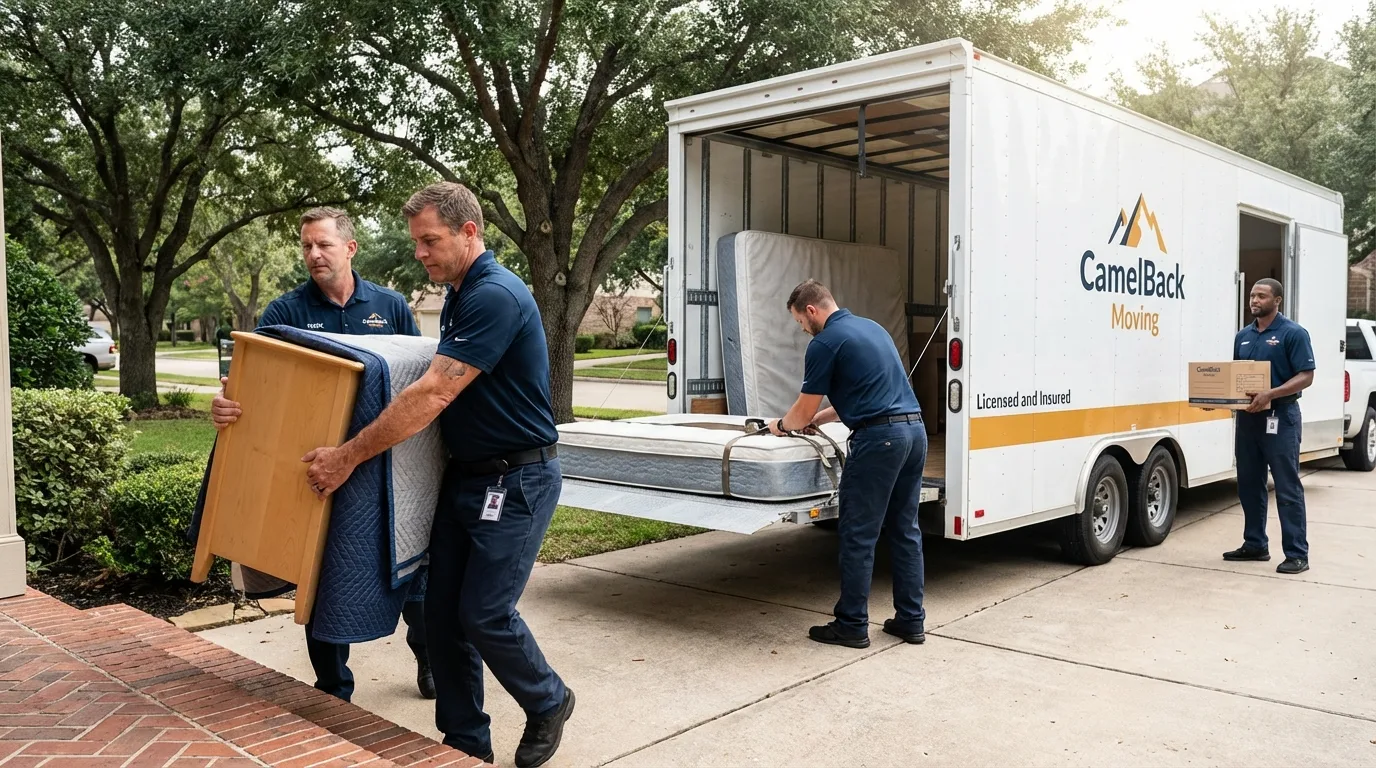 Crew loading residential truck for cross-state move from Menlo Park, CA