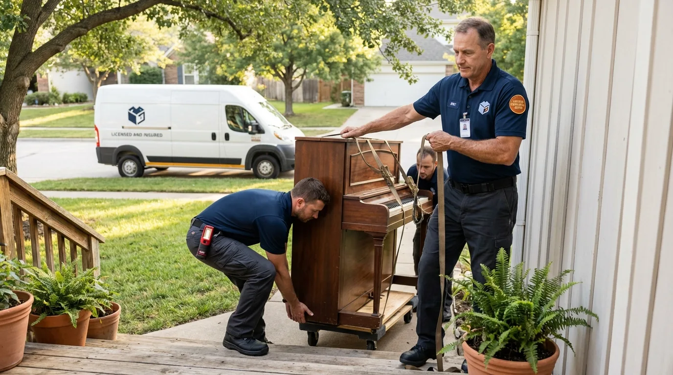 Licensed piano movers securing grand piano in Menlo Park, CA