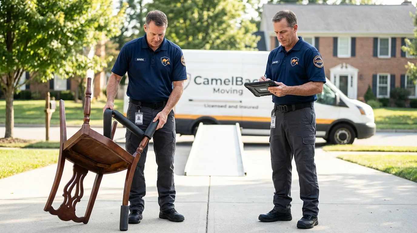 Movers inspecting furniture for damage prevention before loading in Menlo Park, CA