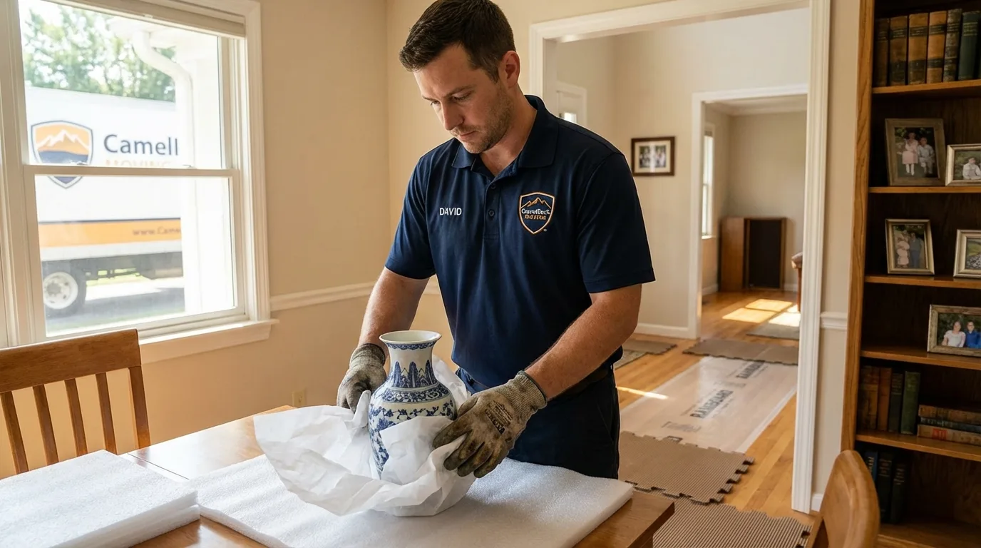 Professional crew carefully wrapping antique vase for senior downsizing move in Menlo Park, CA